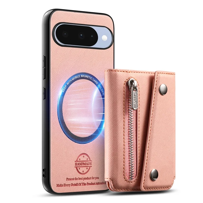 For Google Pixel 11 Magnetic Case Twill Cloth Texture PU Leather Phone Back Cover with Tri-fold Card Holder - Pink
