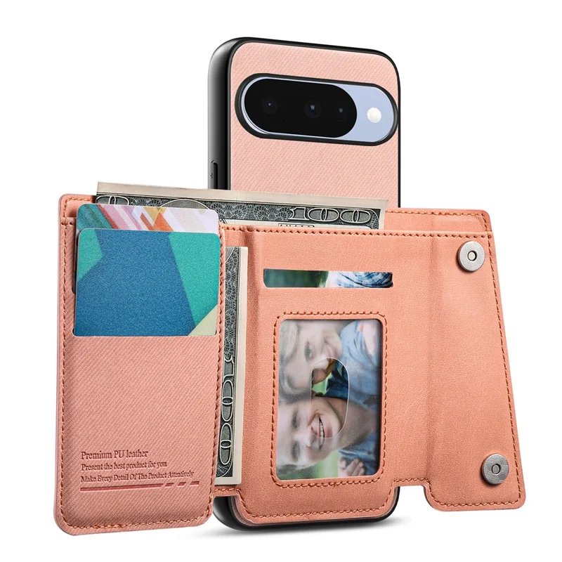 For Google Pixel 11 Magnetic Case Twill Cloth Texture PU Leather Phone Back Cover with Tri-fold Card Holder - Pink