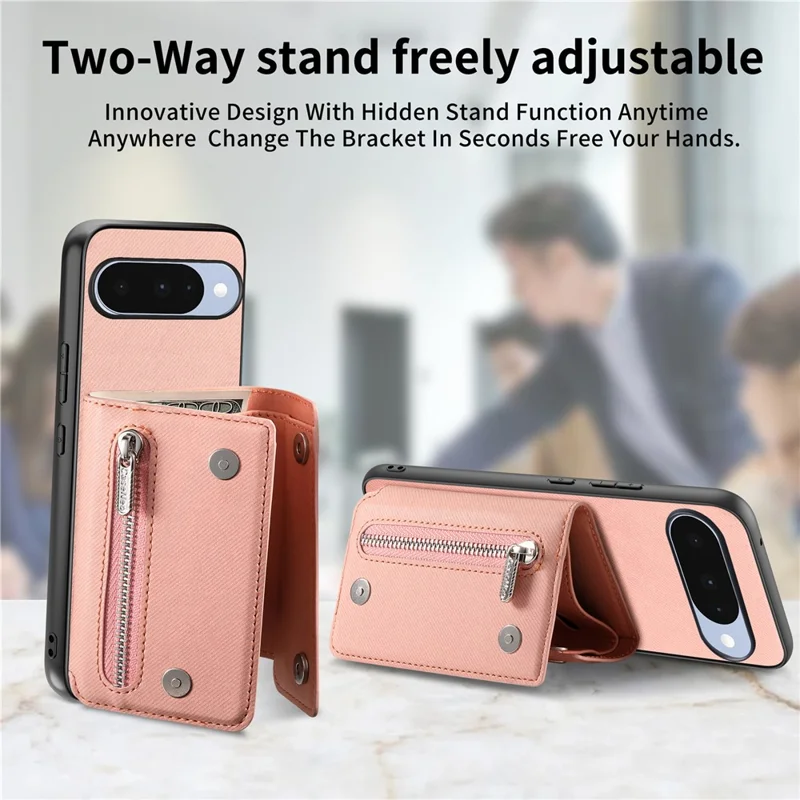For Google Pixel 11 Magnetic Case Twill Cloth Texture PU Leather Phone Back Cover with Tri-fold Card Holder - Pink