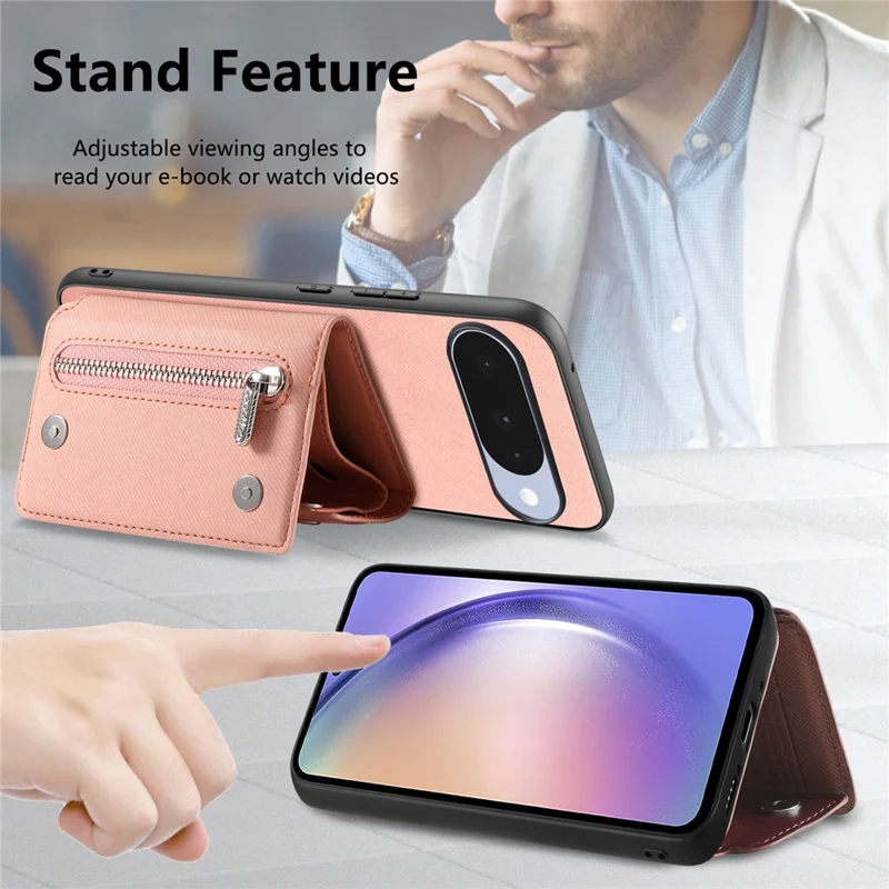 For Google Pixel 11 Magnetic Case Twill Cloth Texture PU Leather Phone Back Cover with Tri-fold Card Holder - Pink