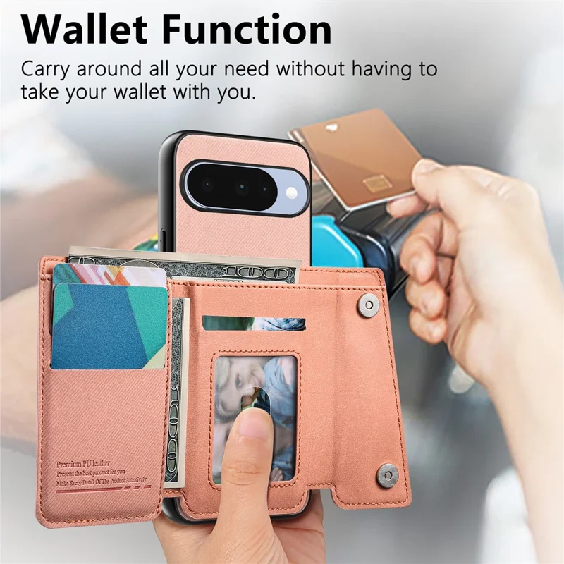 For Google Pixel 11 Magnetic Case Twill Cloth Texture PU Leather Phone Back Cover with Tri-fold Card Holder - Pink