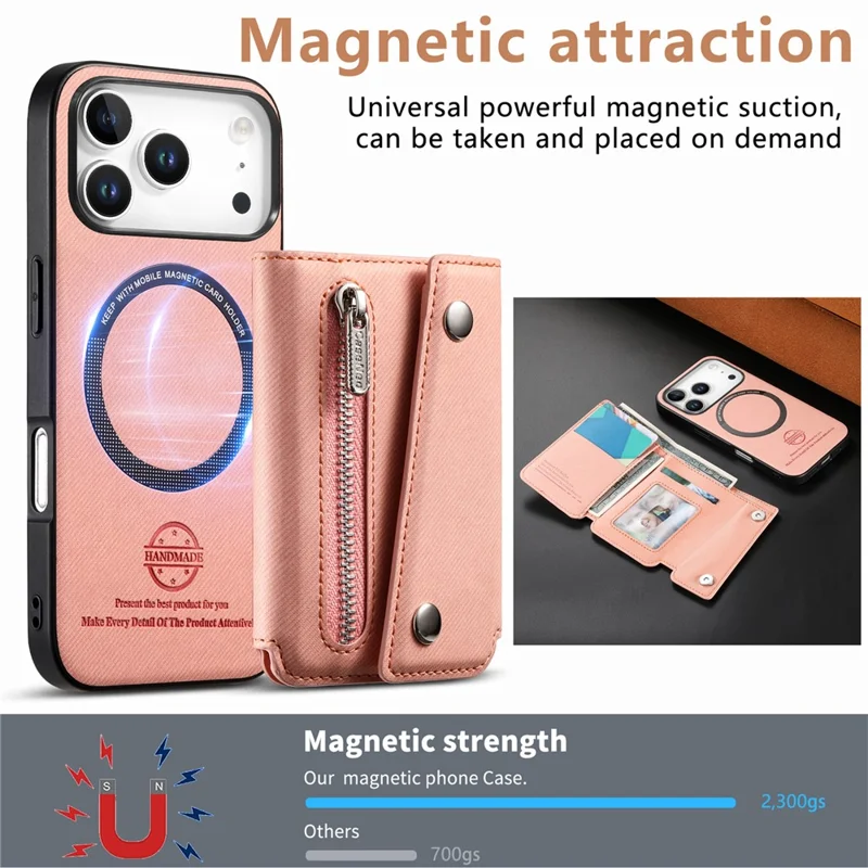 For iPhone 18 Pro Max  /  17 Pro Max Magnetic Case Twill Cloth Texture PU Leather Phone Back Cover with Tri-fold Card Holder - Pink