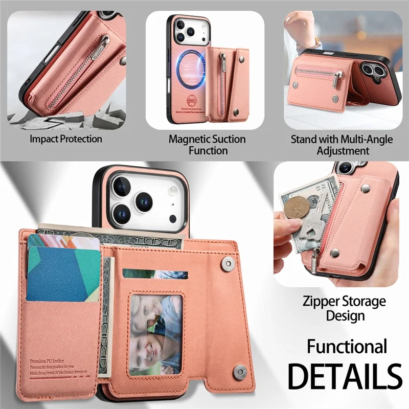 For iPhone 18 Pro Max  /  17 Pro Max Magnetic Case Twill Cloth Texture PU Leather Phone Back Cover with Tri-fold Card Holder - Pink