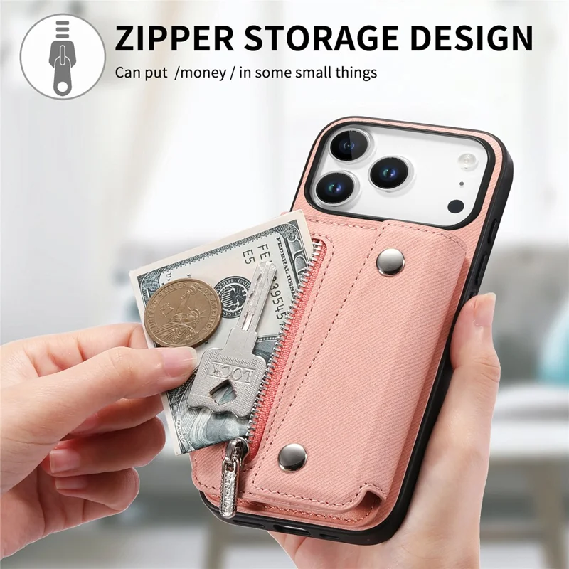 For iPhone 18 Pro Max  /  17 Pro Max Magnetic Case Twill Cloth Texture PU Leather Phone Back Cover with Tri-fold Card Holder - Pink