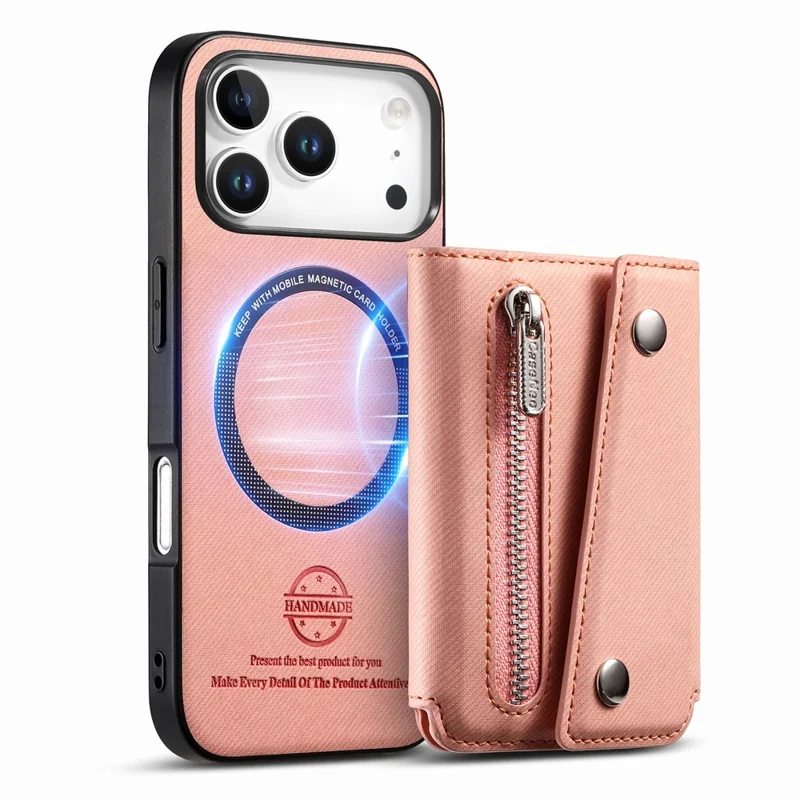 For iPhone 18 Pro Max  /  17 Pro Max Magnetic Case Twill Cloth Texture PU Leather Phone Back Cover with Tri-fold Card Holder - Pink