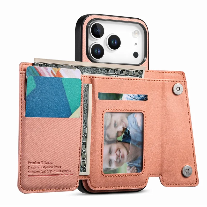 For iPhone 18 Pro Max  /  17 Pro Max Magnetic Case Twill Cloth Texture PU Leather Phone Back Cover with Tri-fold Card Holder - Pink