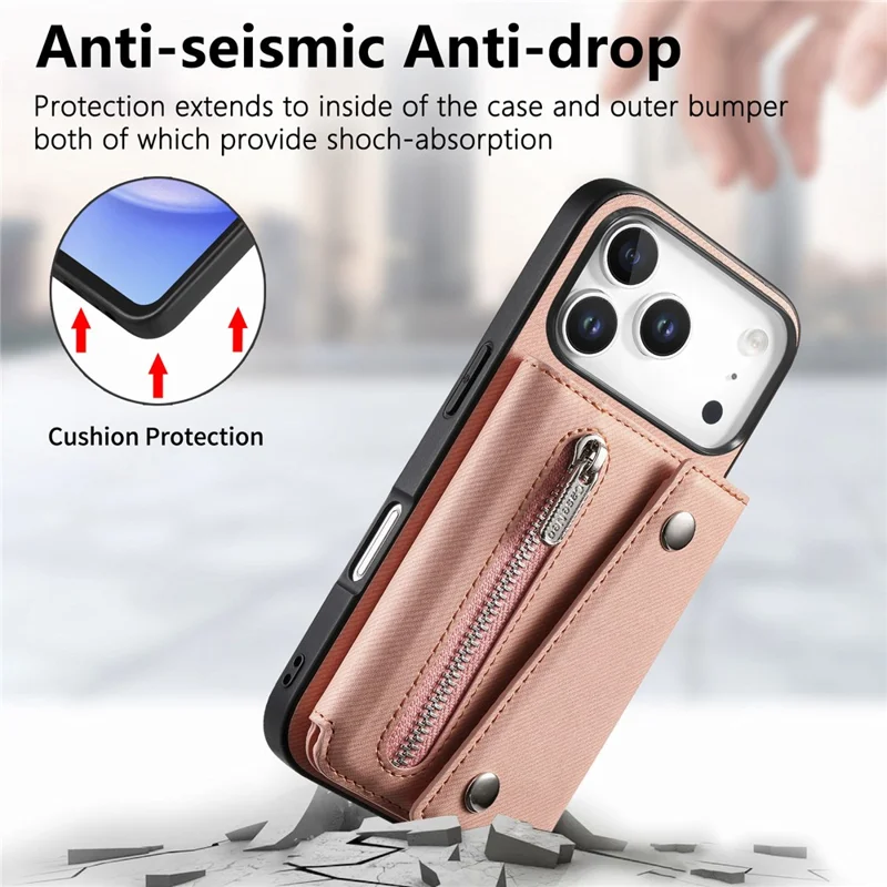 For iPhone 18 Pro Max  /  17 Pro Max Magnetic Case Twill Cloth Texture PU Leather Phone Back Cover with Tri-fold Card Holder - Pink