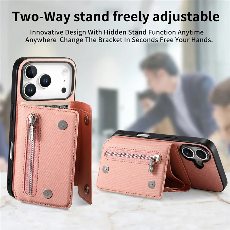 For iPhone 18 Pro Max  /  17 Pro Max Magnetic Case Twill Cloth Texture PU Leather Phone Back Cover with Tri-fold Card Holder - Pink