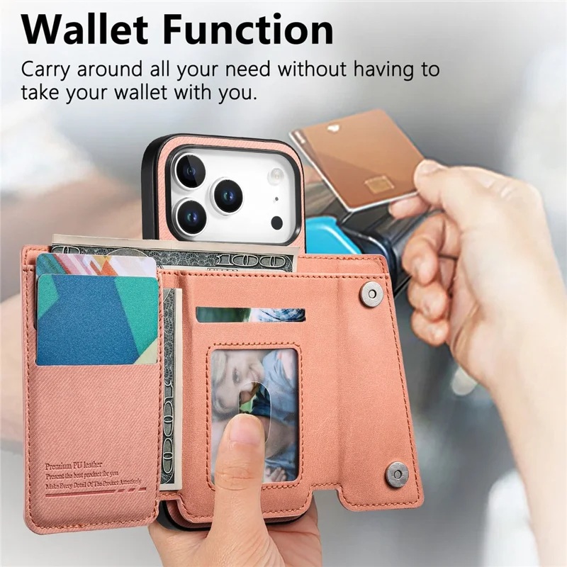 For iPhone 18 Pro Max  /  17 Pro Max Magnetic Case Twill Cloth Texture PU Leather Phone Back Cover with Tri-fold Card Holder - Pink