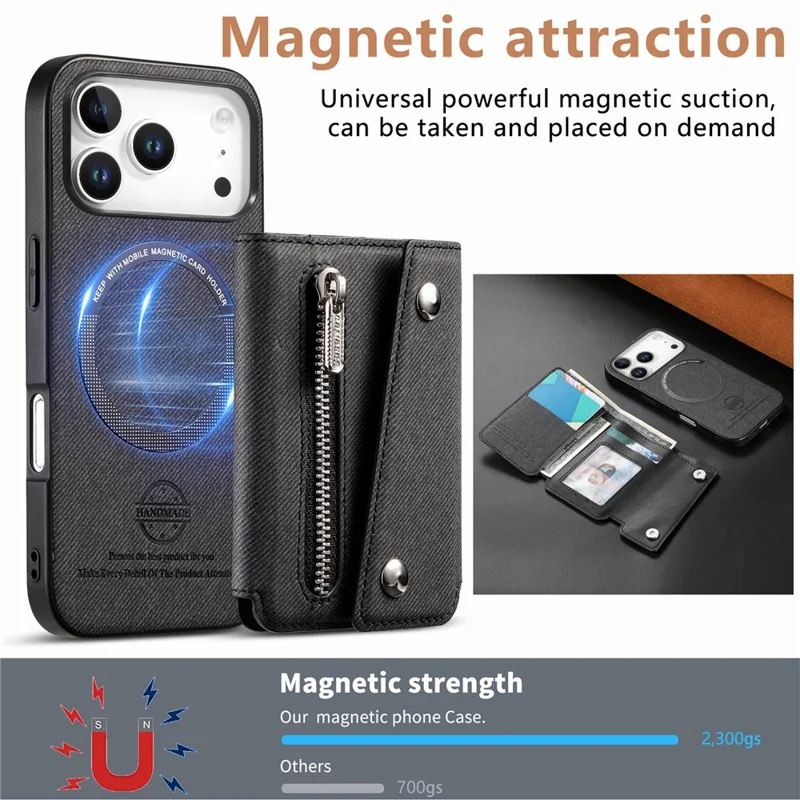 For iPhone 18 Pro  /  17 Pro Magnetic Case Twill Cloth Texture PU Leather Phone Back Cover with Tri-fold Card Holder - Black