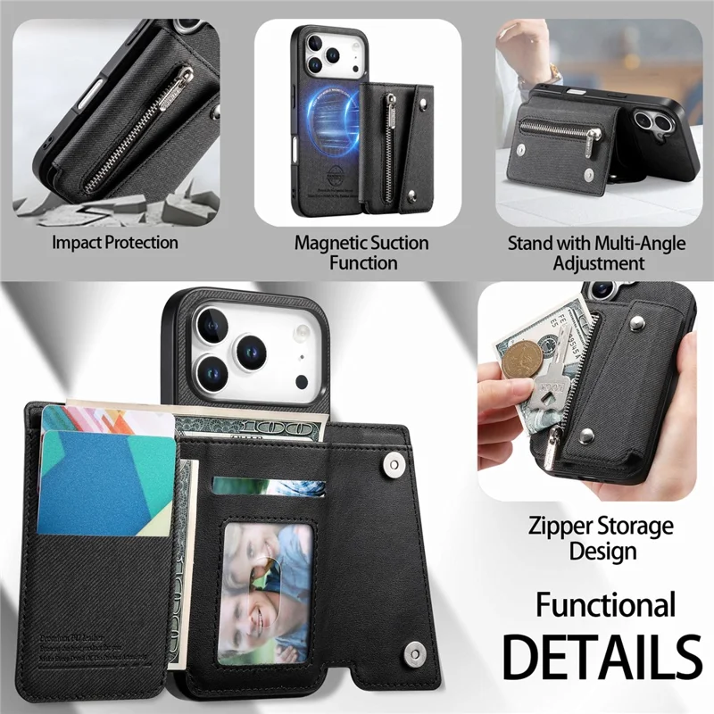 For iPhone 18 Pro  /  17 Pro Magnetic Case Twill Cloth Texture PU Leather Phone Back Cover with Tri-fold Card Holder - Black