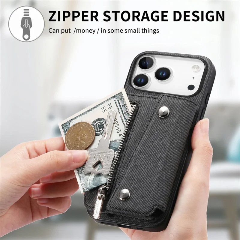 For iPhone 18 Pro  /  17 Pro Magnetic Case Twill Cloth Texture PU Leather Phone Back Cover with Tri-fold Card Holder - Black