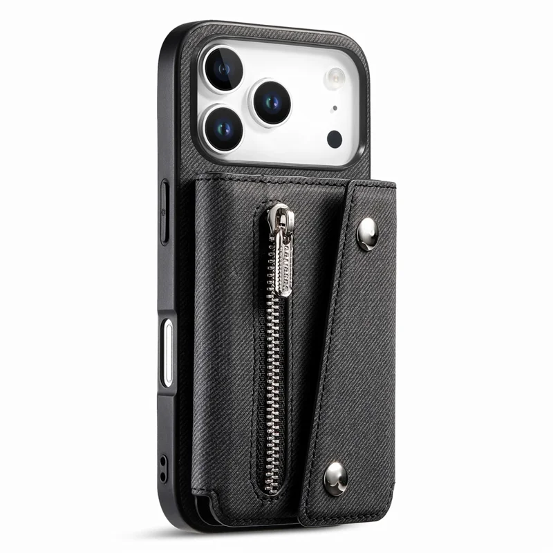 For iPhone 18 Pro  /  17 Pro Magnetic Case Twill Cloth Texture PU Leather Phone Back Cover with Tri-fold Card Holder - Black