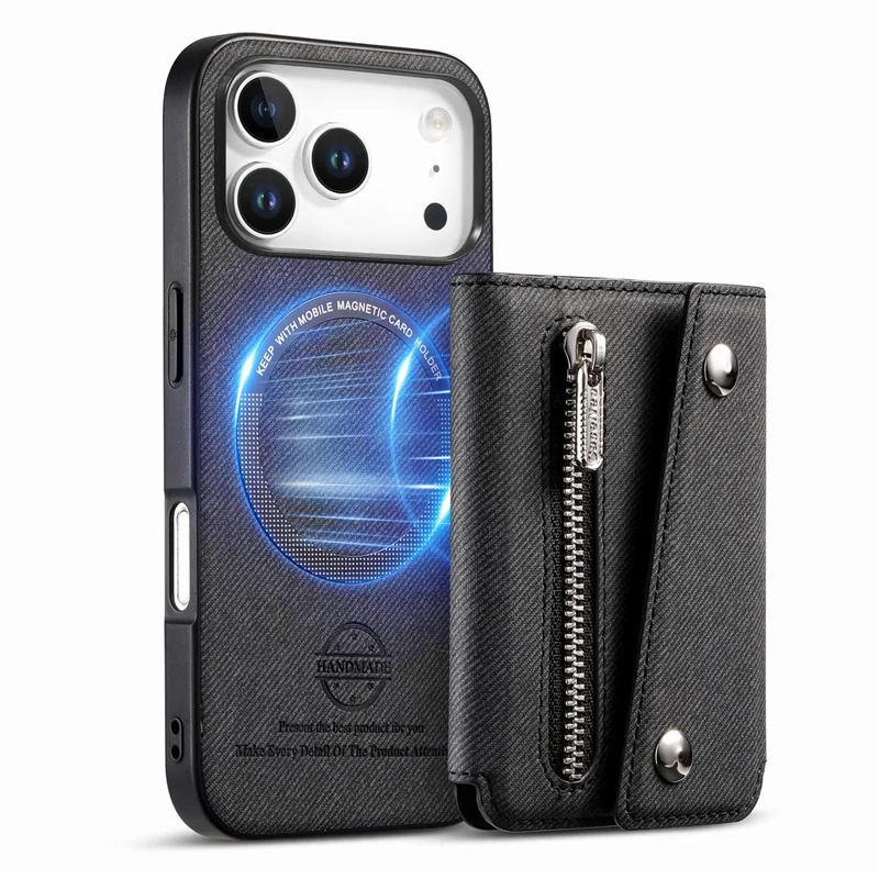 For iPhone 18 Pro  /  17 Pro Magnetic Case Twill Cloth Texture PU Leather Phone Back Cover with Tri-fold Card Holder - Black