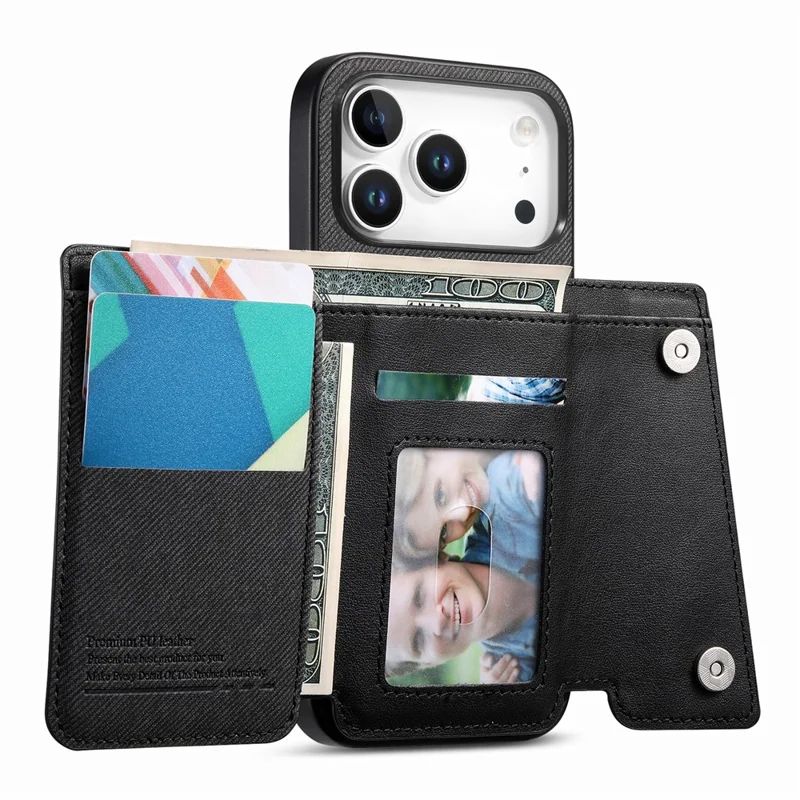 For iPhone 18 Pro  /  17 Pro Magnetic Case Twill Cloth Texture PU Leather Phone Back Cover with Tri-fold Card Holder - Black