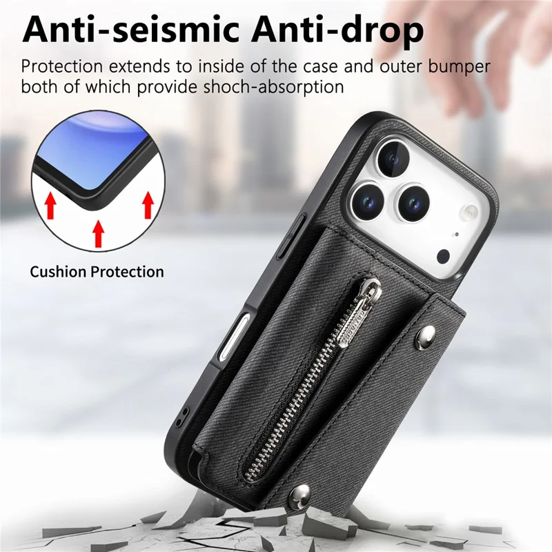 For iPhone 18 Pro  /  17 Pro Magnetic Case Twill Cloth Texture PU Leather Phone Back Cover with Tri-fold Card Holder - Black