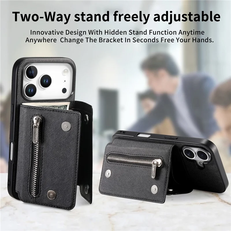 For iPhone 18 Pro  /  17 Pro Magnetic Case Twill Cloth Texture PU Leather Phone Back Cover with Tri-fold Card Holder - Black