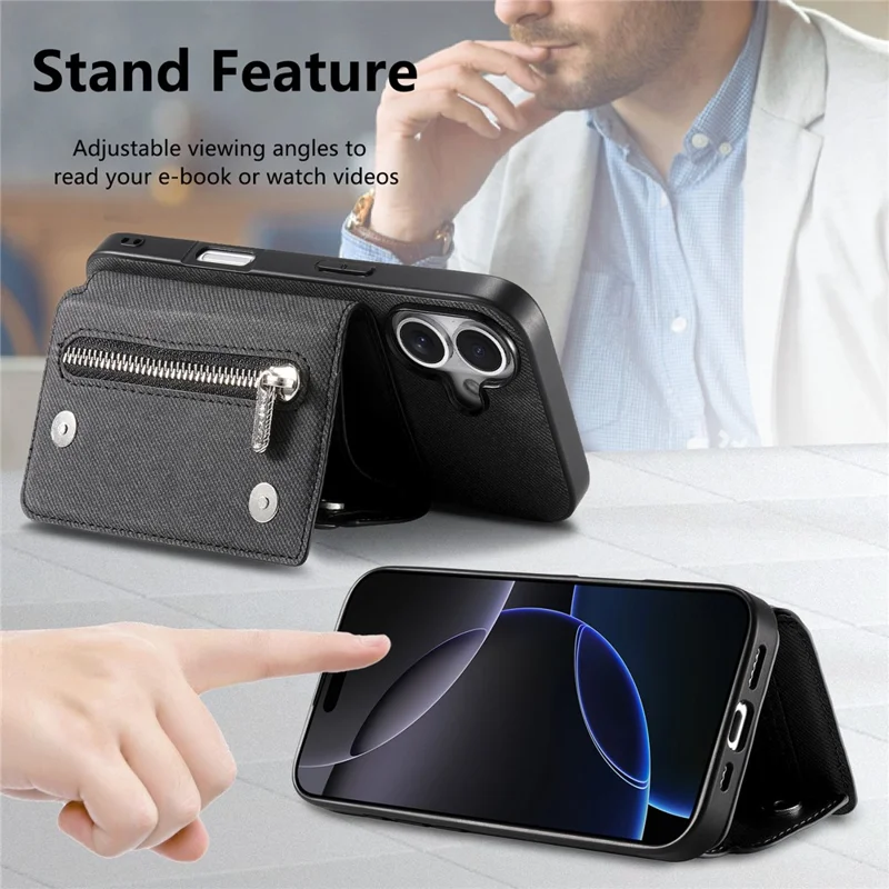 For iPhone 18 Pro  /  17 Pro Magnetic Case Twill Cloth Texture PU Leather Phone Back Cover with Tri-fold Card Holder - Black