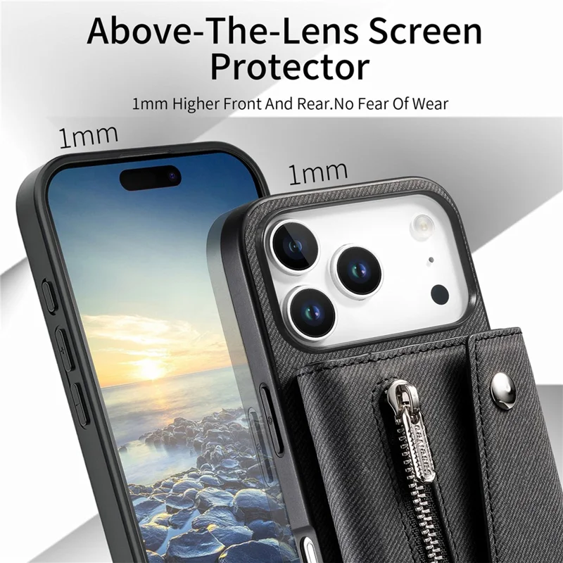 For iPhone 18 Pro  /  17 Pro Magnetic Case Twill Cloth Texture PU Leather Phone Back Cover with Tri-fold Card Holder - Black
