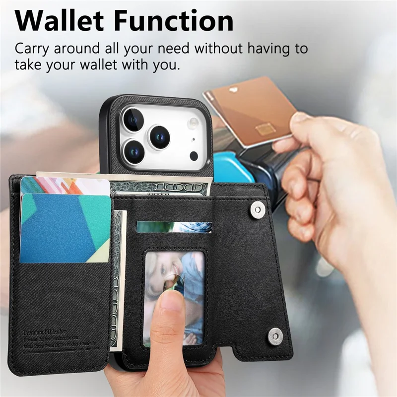 For iPhone 18 Pro  /  17 Pro Magnetic Case Twill Cloth Texture PU Leather Phone Back Cover with Tri-fold Card Holder - Black