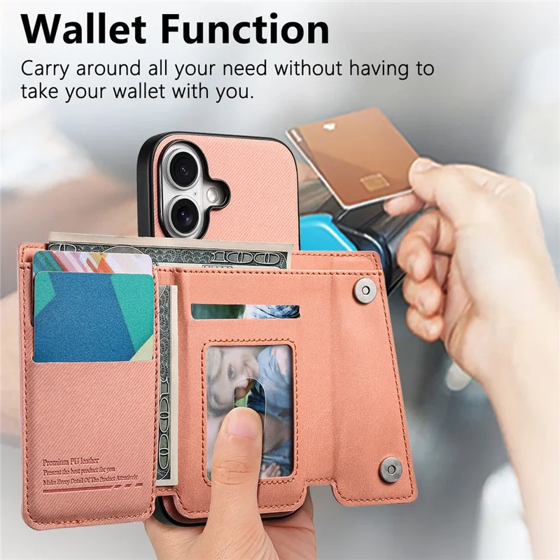 For iPhone 17 Magnetic Case Twill Cloth Texture PU Leather Phone Back Cover with Tri-fold Card Holder - Pink