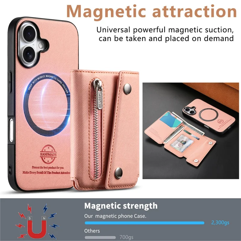 For iPhone 17 Magnetic Case Twill Cloth Texture PU Leather Phone Back Cover with Tri-fold Card Holder - Pink