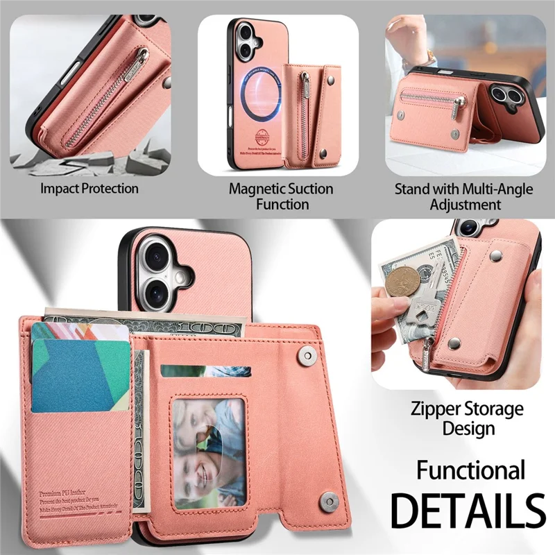 For iPhone 17 Magnetic Case Twill Cloth Texture PU Leather Phone Back Cover with Tri-fold Card Holder - Pink