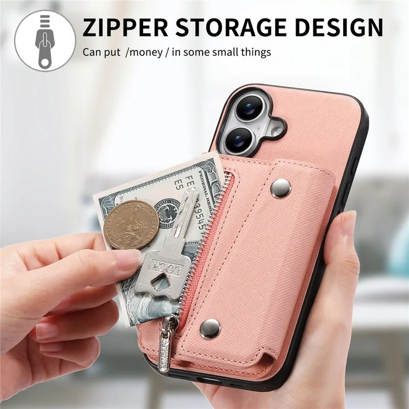 For iPhone 17 Magnetic Case Twill Cloth Texture PU Leather Phone Back Cover with Tri-fold Card Holder - Pink