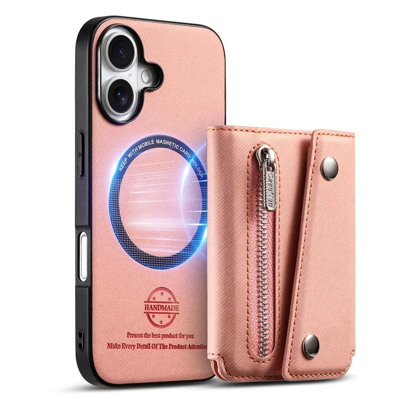 For iPhone 17 Magnetic Case Twill Cloth Texture PU Leather Phone Back Cover with Tri-fold Card Holder - Pink