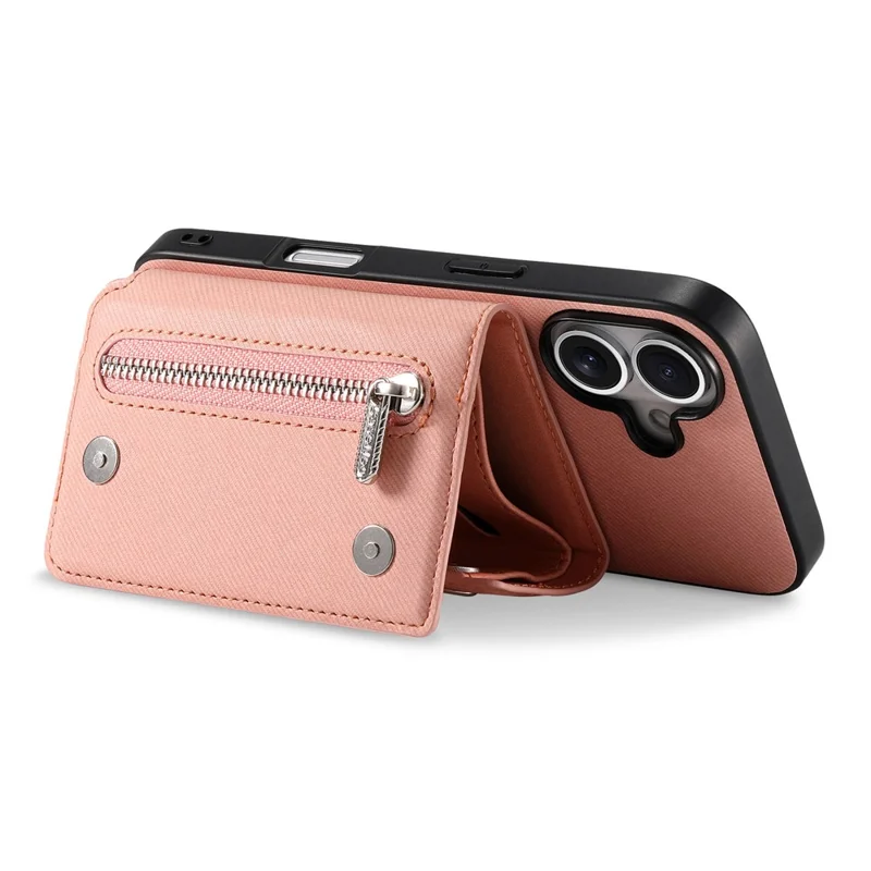 For iPhone 17 Magnetic Case Twill Cloth Texture PU Leather Phone Back Cover with Tri-fold Card Holder - Pink