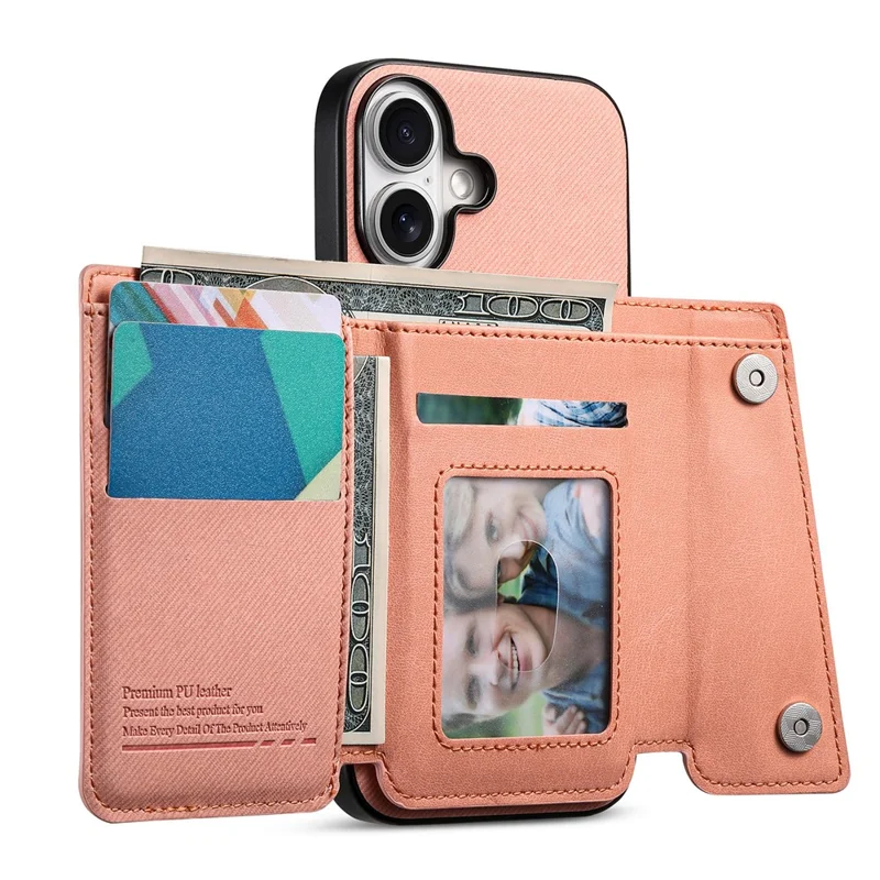 For iPhone 17 Magnetic Case Twill Cloth Texture PU Leather Phone Back Cover with Tri-fold Card Holder - Pink