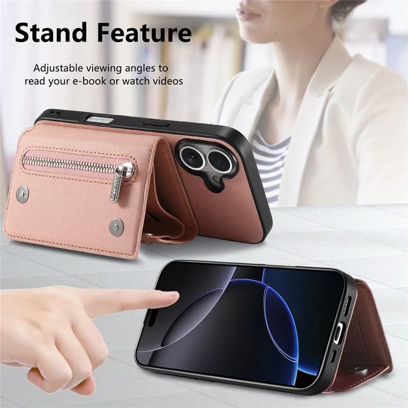 For iPhone 17 Magnetic Case Twill Cloth Texture PU Leather Phone Back Cover with Tri-fold Card Holder - Pink