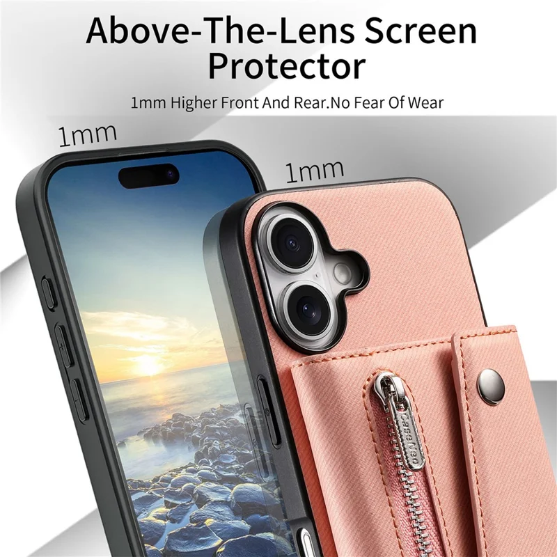 For iPhone 17 Magnetic Case Twill Cloth Texture PU Leather Phone Back Cover with Tri-fold Card Holder - Pink