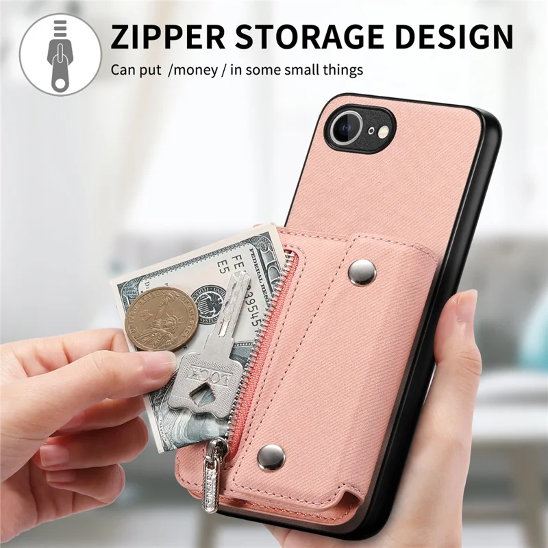 For iPhone 17e  /  16e Magnetic Case Twill Cloth Texture PU Leather Phone Back Cover with Tri-fold Card Holder - Pink