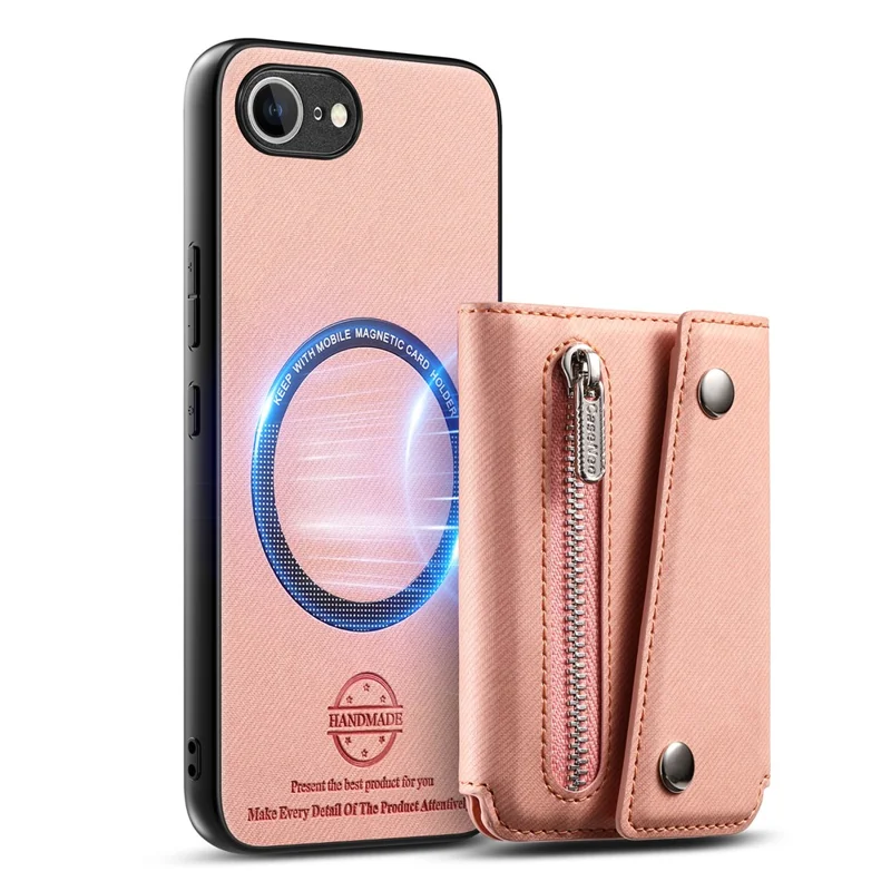 For iPhone 17e  /  16e Magnetic Case Twill Cloth Texture PU Leather Phone Back Cover with Tri-fold Card Holder - Pink