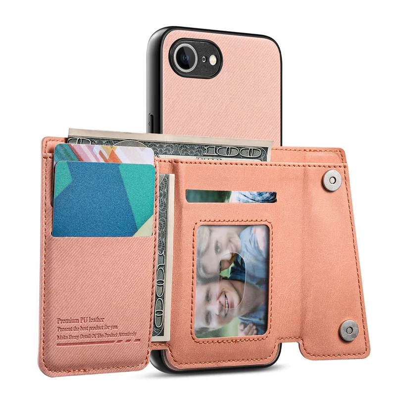 For iPhone 17e  /  16e Magnetic Case Twill Cloth Texture PU Leather Phone Back Cover with Tri-fold Card Holder - Pink