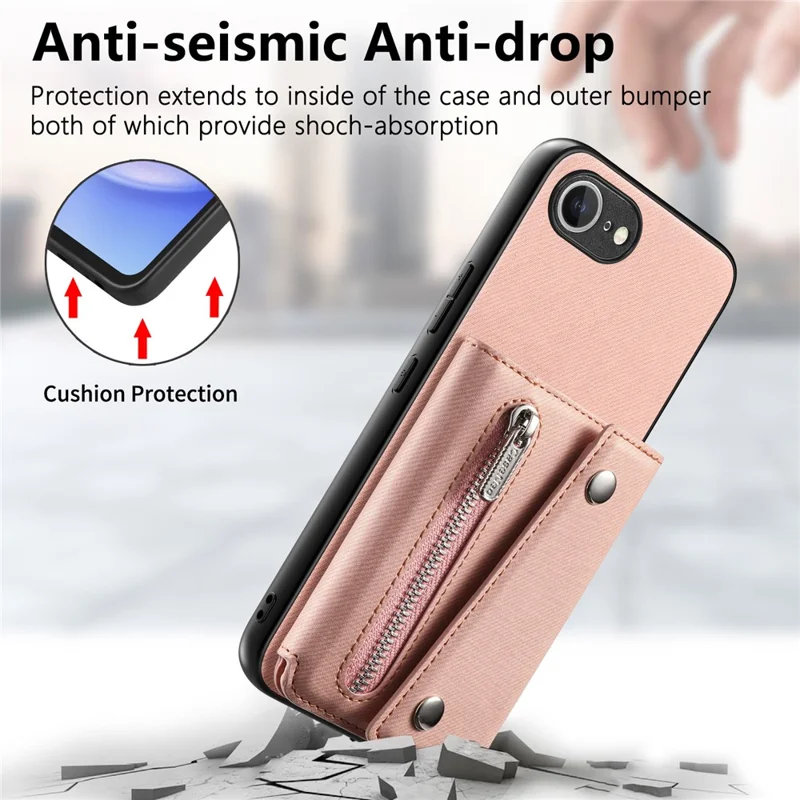 For iPhone 17e  /  16e Magnetic Case Twill Cloth Texture PU Leather Phone Back Cover with Tri-fold Card Holder - Pink