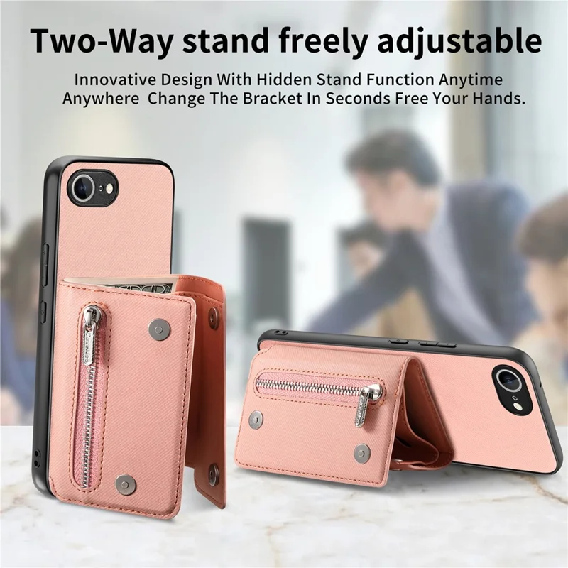 For iPhone 17e  /  16e Magnetic Case Twill Cloth Texture PU Leather Phone Back Cover with Tri-fold Card Holder - Pink