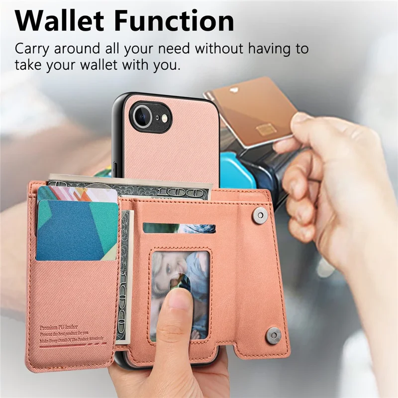 For iPhone 17e  /  16e Magnetic Case Twill Cloth Texture PU Leather Phone Back Cover with Tri-fold Card Holder - Pink