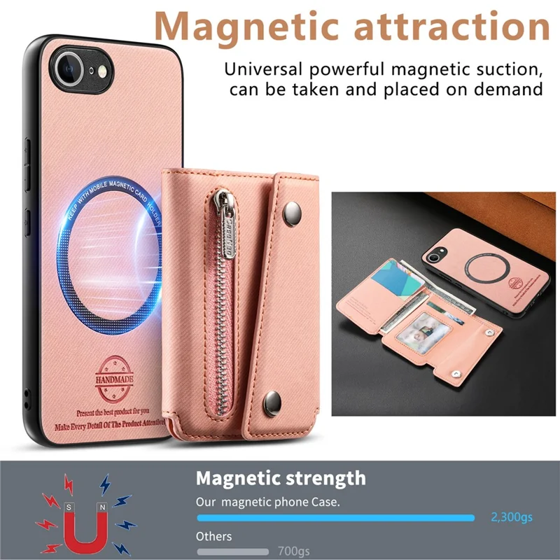 For iPhone 17e  /  16e Magnetic Case Twill Cloth Texture PU Leather Phone Back Cover with Tri-fold Card Holder - Pink