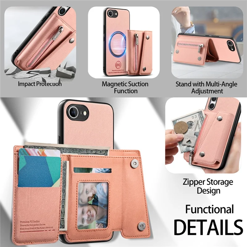 For iPhone 17e  /  16e Magnetic Case Twill Cloth Texture PU Leather Phone Back Cover with Tri-fold Card Holder - Pink