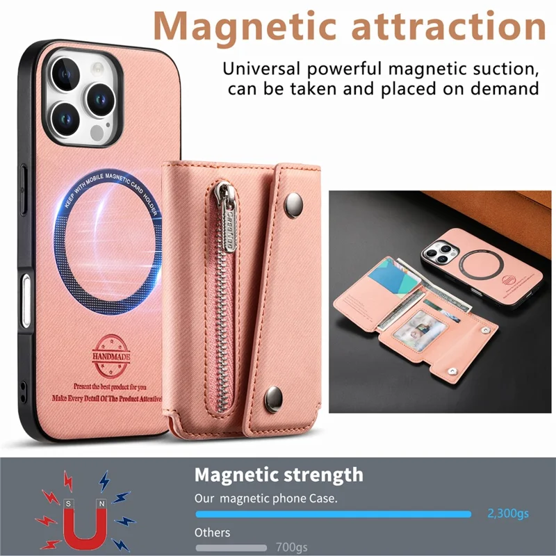 For iPhone 16 Pro Max Magnetic Case Twill Cloth Texture PU Leather Phone Back Cover with Tri-fold Card Holder - Pink