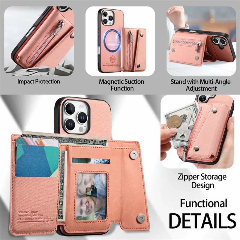 For iPhone 16 Pro Max Magnetic Case Twill Cloth Texture PU Leather Phone Back Cover with Tri-fold Card Holder - Pink