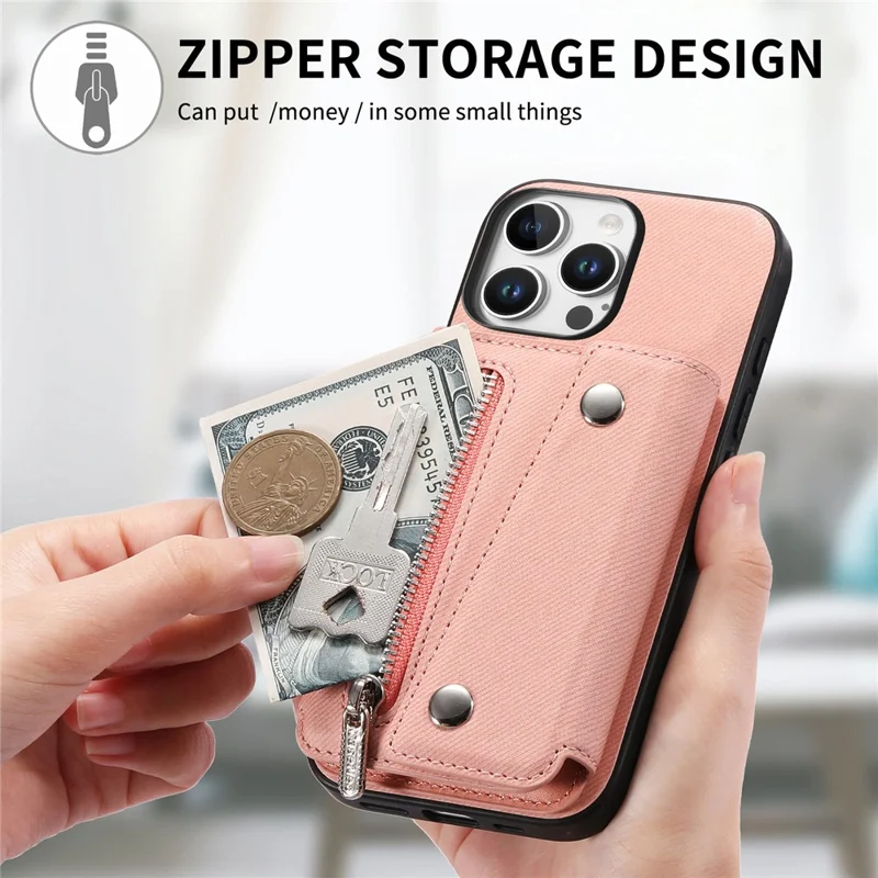 For iPhone 16 Pro Max Magnetic Case Twill Cloth Texture PU Leather Phone Back Cover with Tri-fold Card Holder - Pink