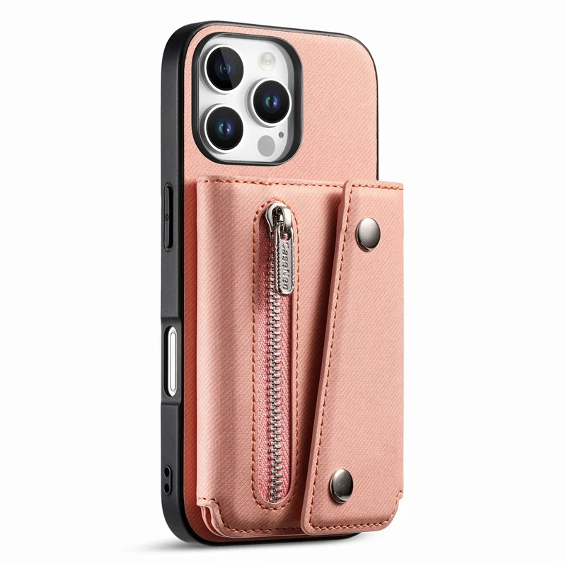 For iPhone 16 Pro Max Magnetic Case Twill Cloth Texture PU Leather Phone Back Cover with Tri-fold Card Holder - Pink