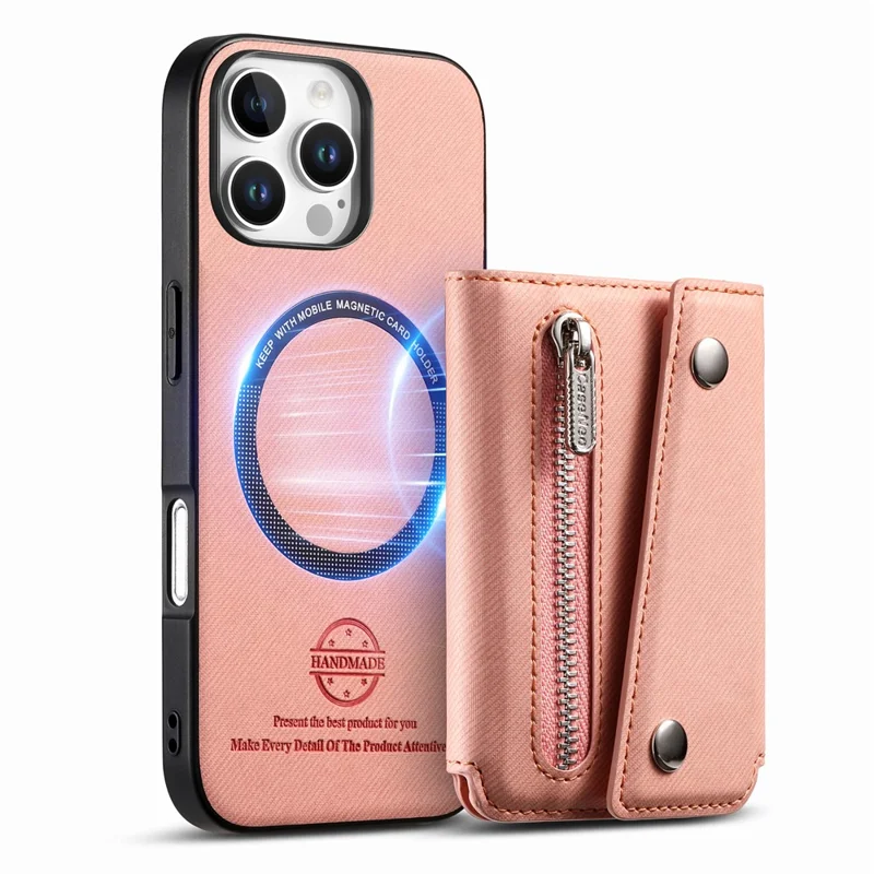 For iPhone 16 Pro Max Magnetic Case Twill Cloth Texture PU Leather Phone Back Cover with Tri-fold Card Holder - Pink