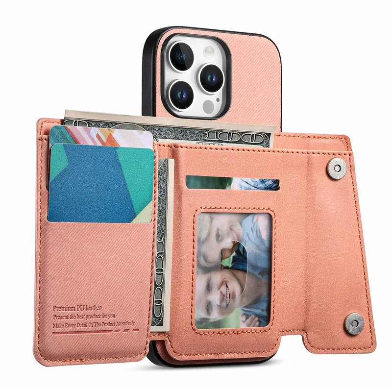 For iPhone 16 Pro Max Magnetic Case Twill Cloth Texture PU Leather Phone Back Cover with Tri-fold Card Holder - Pink