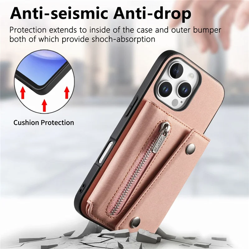 For iPhone 16 Pro Max Magnetic Case Twill Cloth Texture PU Leather Phone Back Cover with Tri-fold Card Holder - Pink