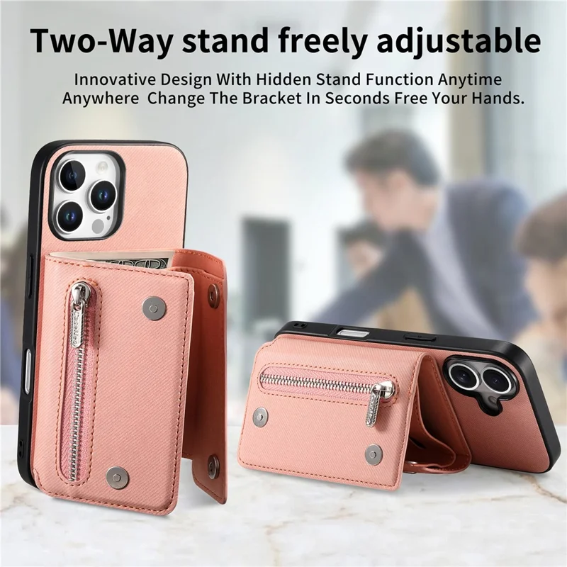 For iPhone 16 Pro Max Magnetic Case Twill Cloth Texture PU Leather Phone Back Cover with Tri-fold Card Holder - Pink