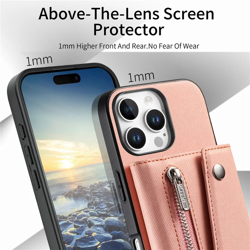 For iPhone 16 Pro Max Magnetic Case Twill Cloth Texture PU Leather Phone Back Cover with Tri-fold Card Holder - Pink